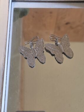 Source Unknown Silver Textured Butterfly Dangle Earrings